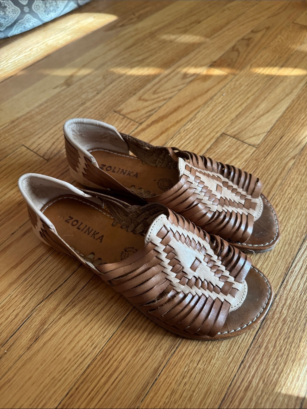 Link Brown and Tan Woven Leather Huarache Sandals
